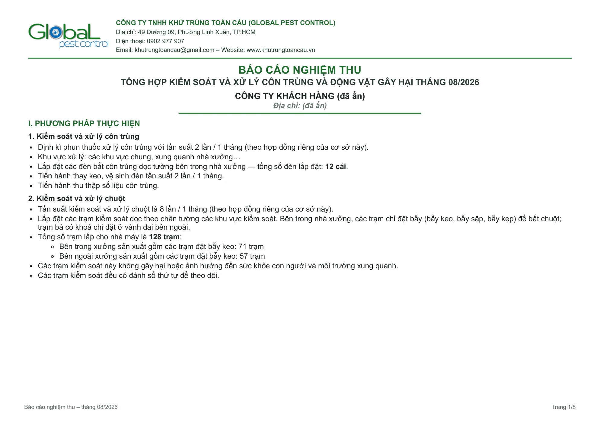 Trang đầu báo cáo nghiệm thu tháng 08/2026: phương pháp kiểm soát côn trùng với 12 đèn bắt côn trùng và kiểm soát chuột với 128 trạm bẫy keo trong và ngoài xưởng, tên khách đã che