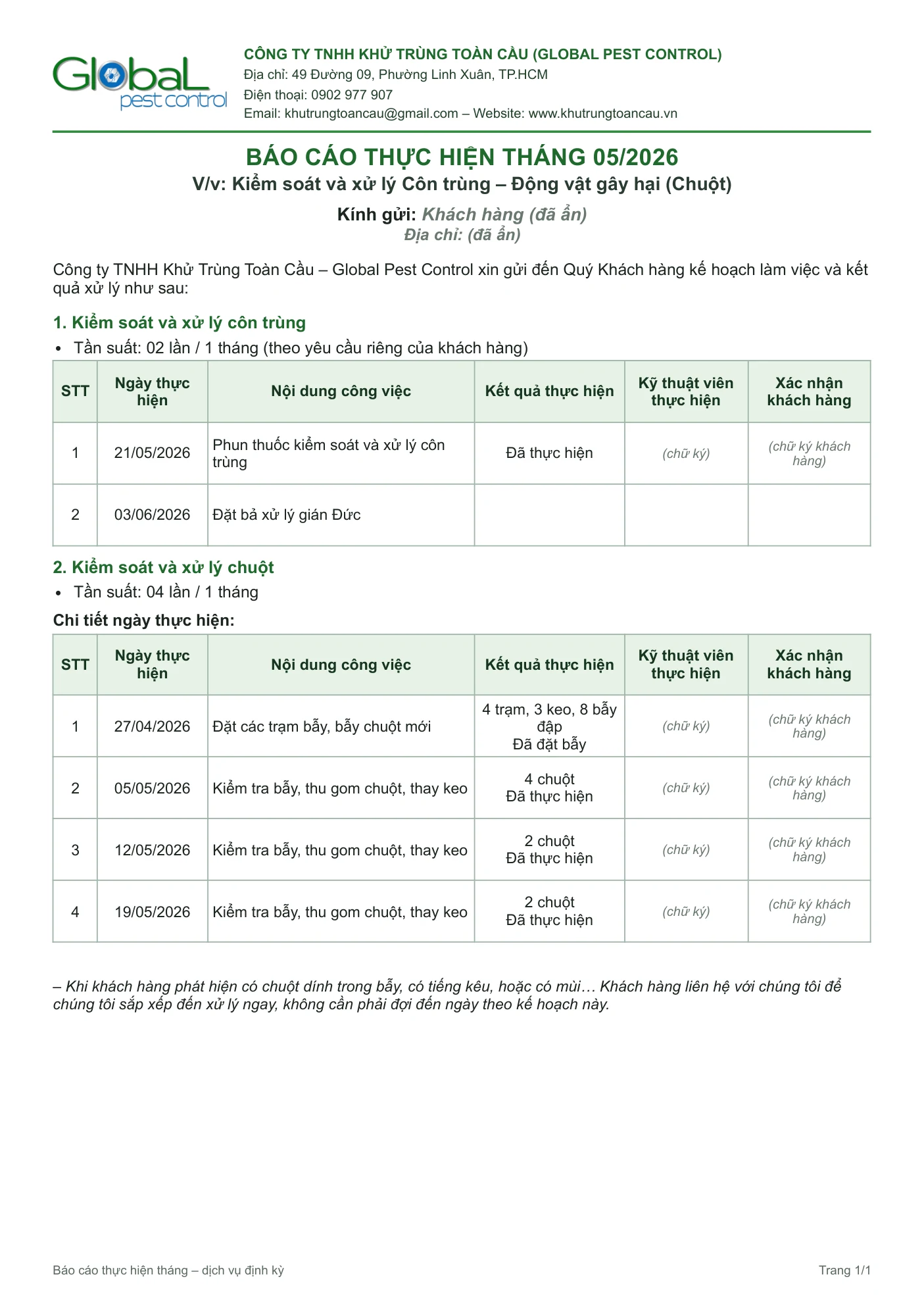 Báo cáo thực hiện tháng 05/2026 cho một quán ăn: bảng lượt phun côn trùng, đặt bả gián Đức và các lượt kiểm bẫy chuột kèm số chuột, ô ký kỹ thuật viên và khách