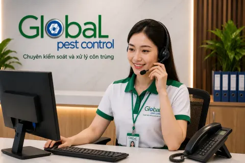 Nhân viên tư vấn Khử Trùng Toàn Cầu đeo tai nghe trực điện thoại tại văn phòng