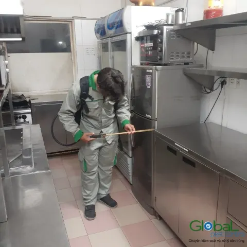 Kỹ thuật viên phun thuốc diệt côn trùng khu bếp inox nhà hàng