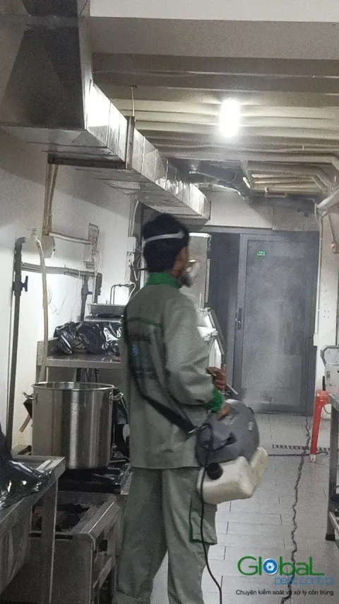 Kỹ thuật viên phun thuốc diệt côn trùng dọc chân tường bếp inox
