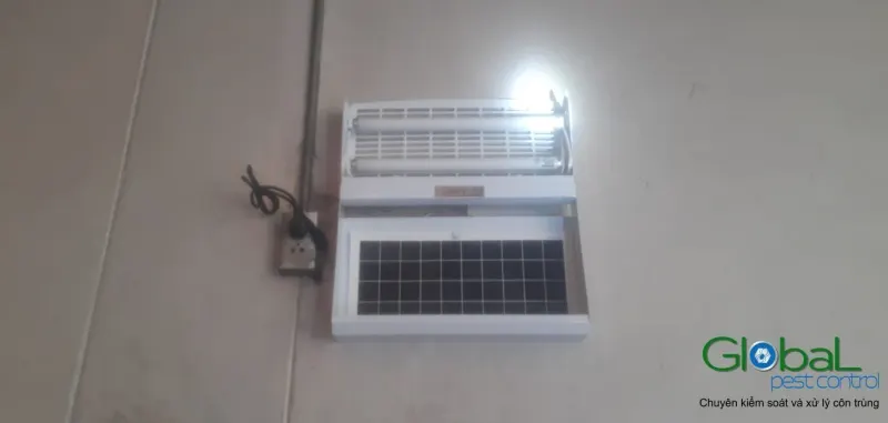 Đèn diệt côn trùng bật sáng trên tường gạch men khu sản xuất thực phẩm