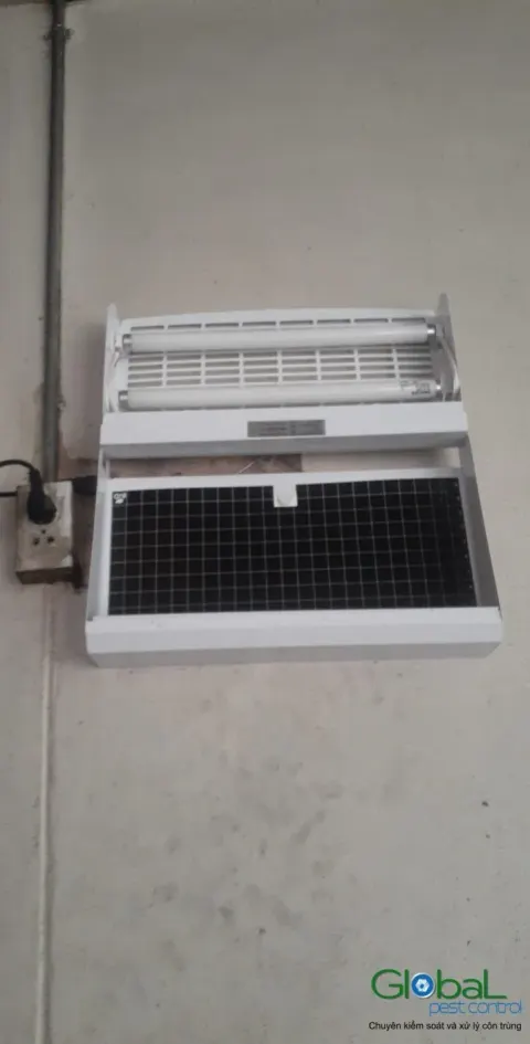 Đèn diệt côn trùng gắn tường cạnh đường ống kỹ thuật trong nhà máy