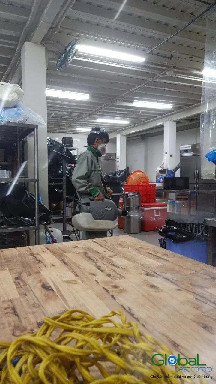 Kỹ thuật viên phun thuốc diệt côn trùng khu xưởng có máy móc, phun định kỳ