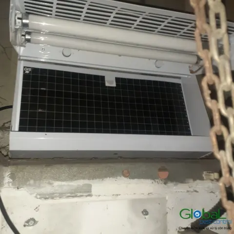 Cận cảnh đèn diệt côn trùng hai bóng UV và tấm keo ô lưới vừa lắp