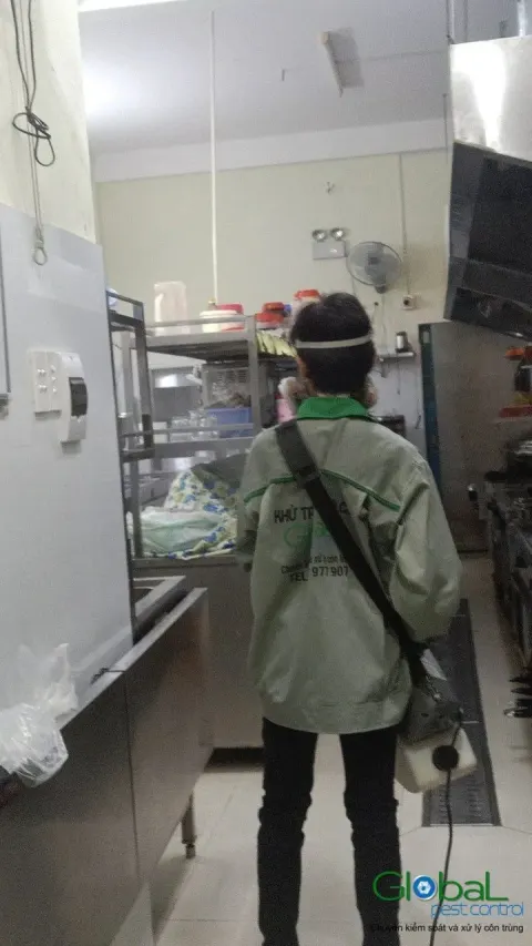 Kỹ thuật viên phun thuốc diệt côn trùng lối đi bếp công nghiệp