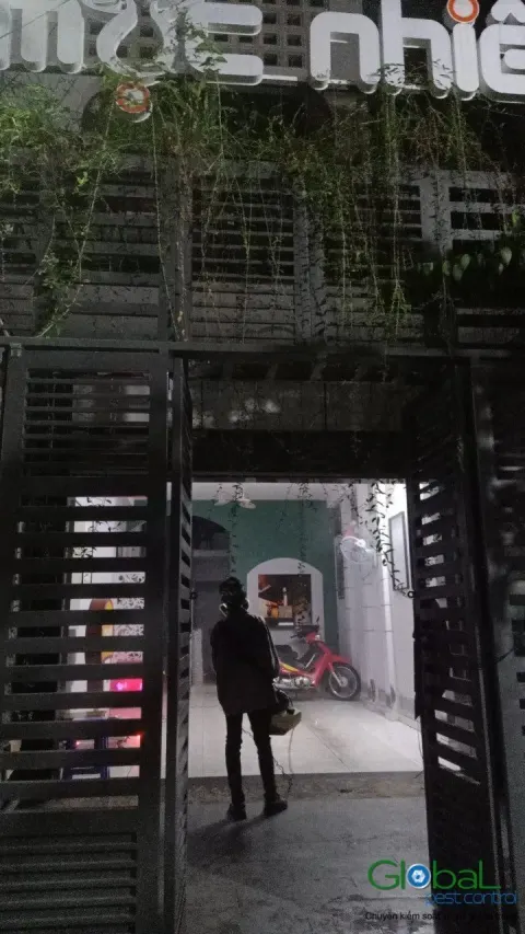 Kỹ thuật viên phun thuốc lối vào khu ăn uống có giàn cây leo
