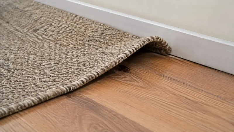 Một con gián nhỏ nấp dưới mép thảm dệt bị lật lên, trên sàn gỗ sát chân tường