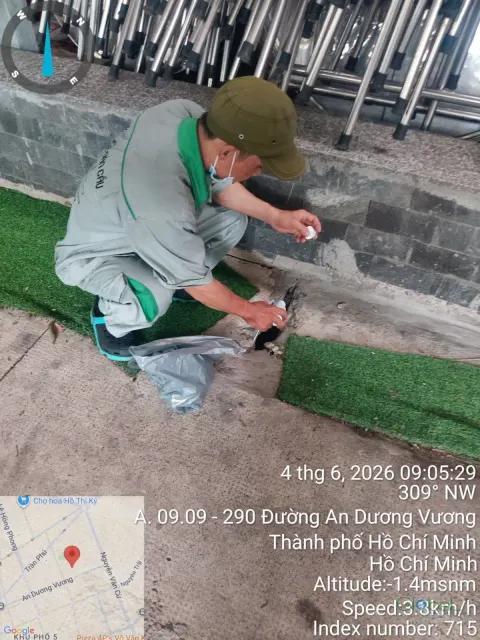 Kỹ thuật viên đặt bả diệt kiến trên thảm cỏ nhân tạo ngoài trời