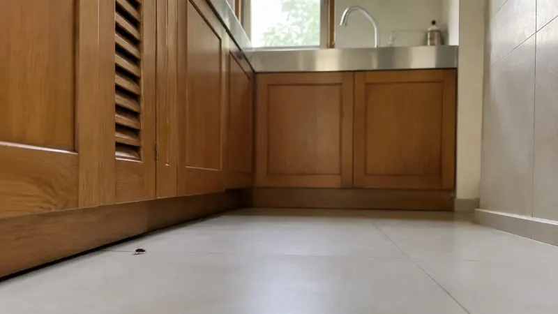 Một con gián nhỏ bò trên nền gạch sát chân tủ bếp gỗ có cửa chớp thông gió, phía xa là bồn rửa inox