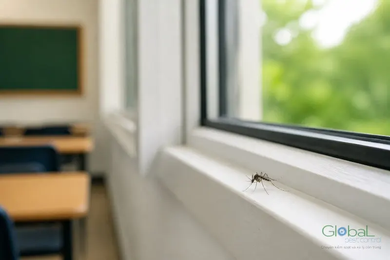 Côn trùng nhỏ đậu trên bậu cửa sổ phòng học