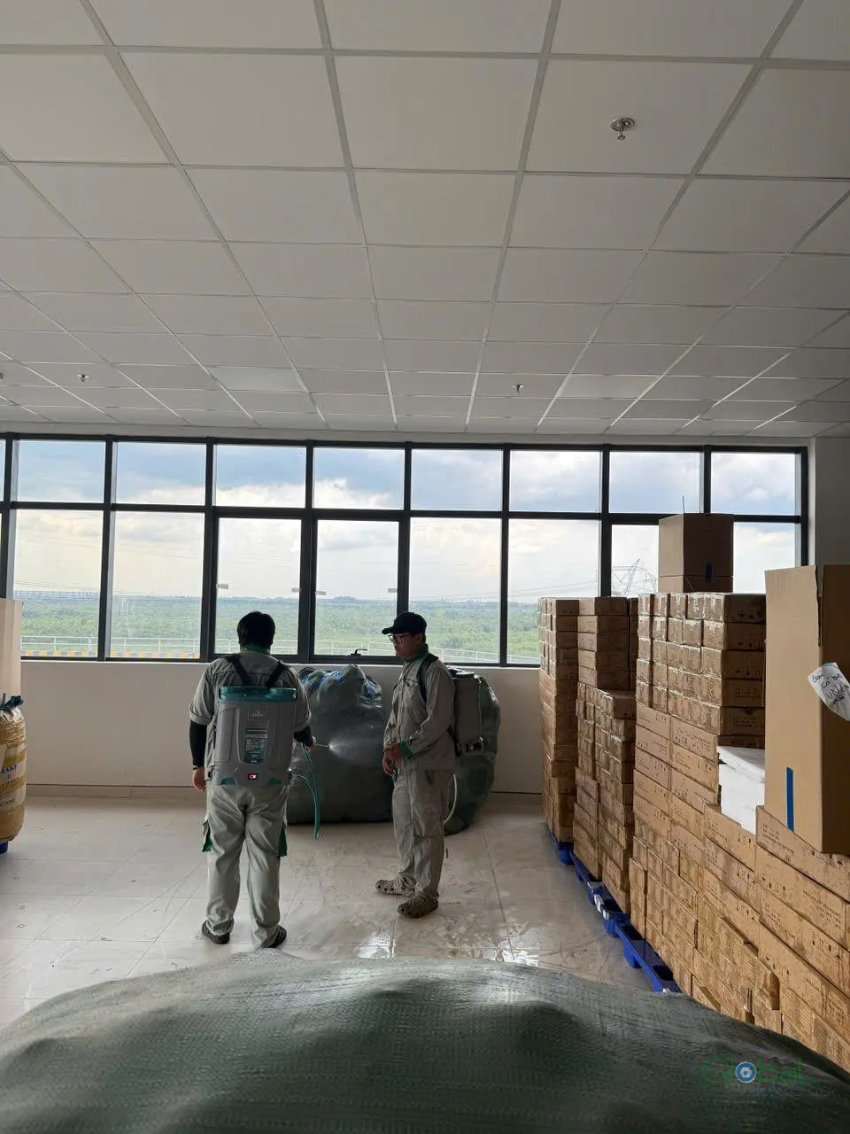 Hai kỹ thuật viên làm việc trong kho hàng có pallet