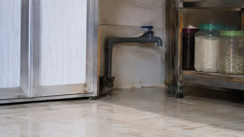 Con chuột thò ra từ khe gầm tủ bếp cạnh vòi nước và kệ hũ đồ khô