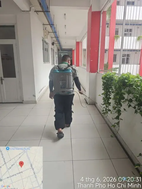 Kỹ thuật viên phun thuốc hành lang lớp học có cây xanh bên ngoài