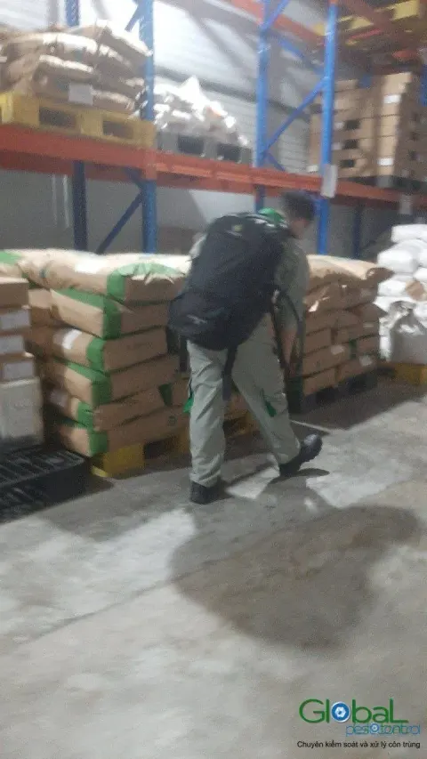 Kỹ thuật viên phun thuốc dọc kệ bao hàng trong kho nguyên liệu