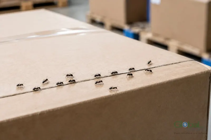 Đàn kiến đi thành hàng trên thùng carton đựng hàng