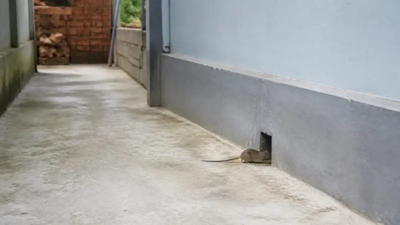 Con chuột bên lỗ hổng ở chân tường hành lang ngoài trời