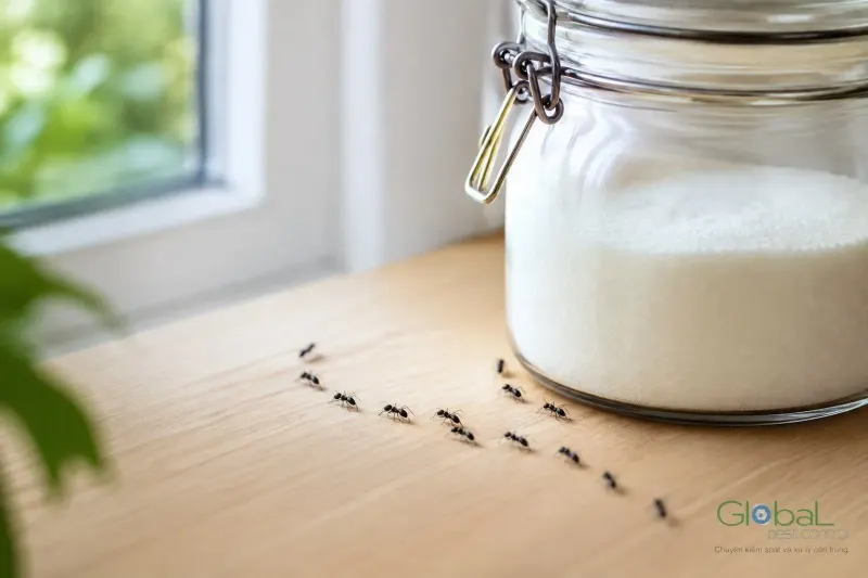 Hàng kiến đen nhỏ bò trên mặt bàn gỗ cạnh cửa sổ, đi tới quanh đáy hũ thuỷ tinh đựng đường