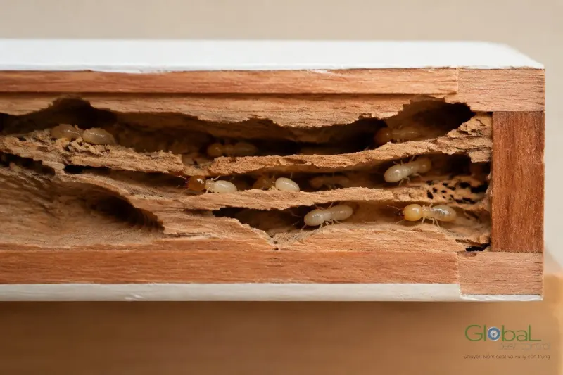Mặt cắt thanh gỗ bị mối ăn rỗng bên trong, bề ngoài còn nguyên