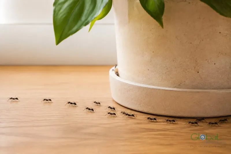Kiến bò quanh chậu cây cảnh đặt trong nhà