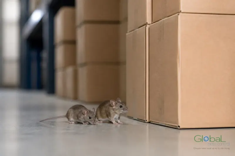 Chuột giữa các thùng hàng trong khu vực kho