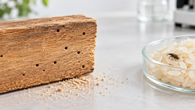 Thanh gỗ lỗ chỗ vết mọt và đĩa gạo có mọt, hai nhóm mọt gây hại chính