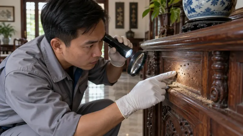Kỹ thuật viên soi đèn kiểm tra lỗ mọt trên tủ gỗ cổ