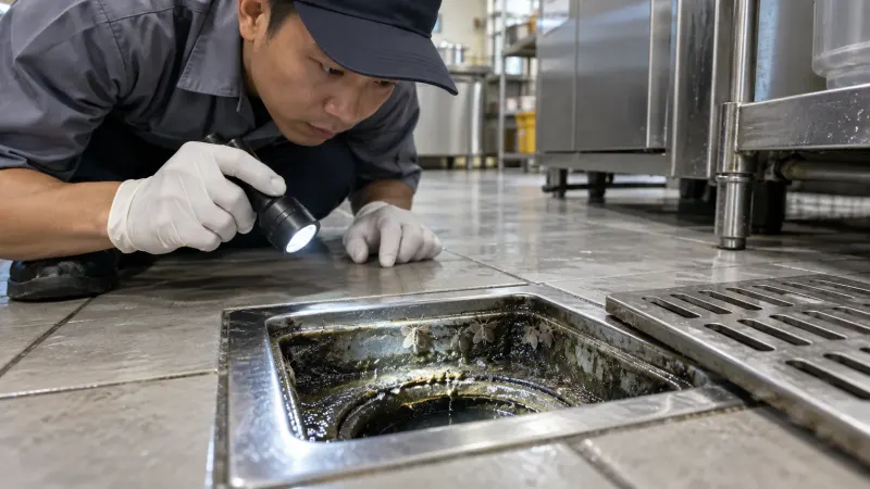 Kỹ thuật viên soi đèn kiểm tra phễu thoát sàn bếp công nghiệp tìm ổ ruồi cống