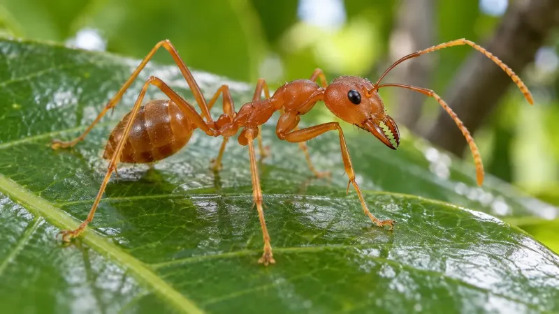Kiến vàng Oecophylla smaragdina thân cam thanh mảnh trên lá xanh