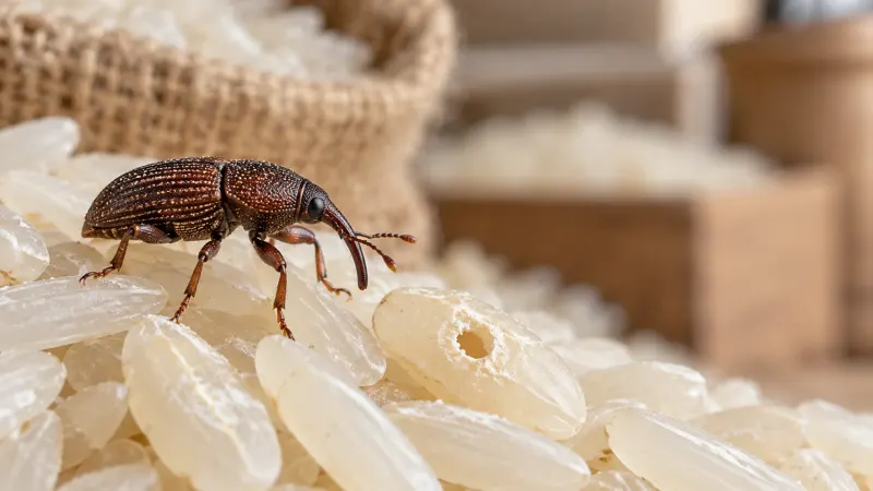 Mọt gạo trên đống gạo trước các bao tải trong kho