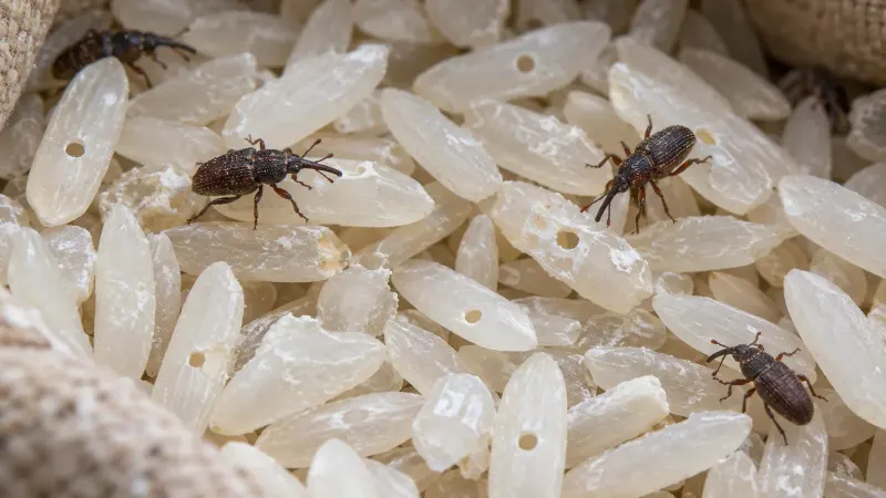 Nhiều con mọt gạo bò giữa các hạt gạo trong bao