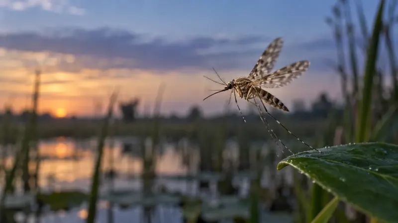 Muỗi Anopheles bay trên đầm lầy lúc hoàng hôn, giờ hoạt động mạnh nhất
