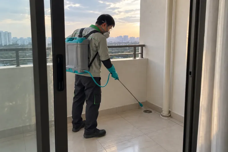 Kỹ thuật viên xử lý khe ban công căn hộ lúc hoàng hôn