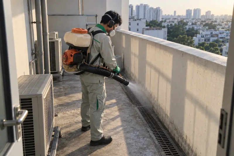 Kỹ thuật viên phun sương ban công kỹ thuật chung cư, nền thành phố phía sau