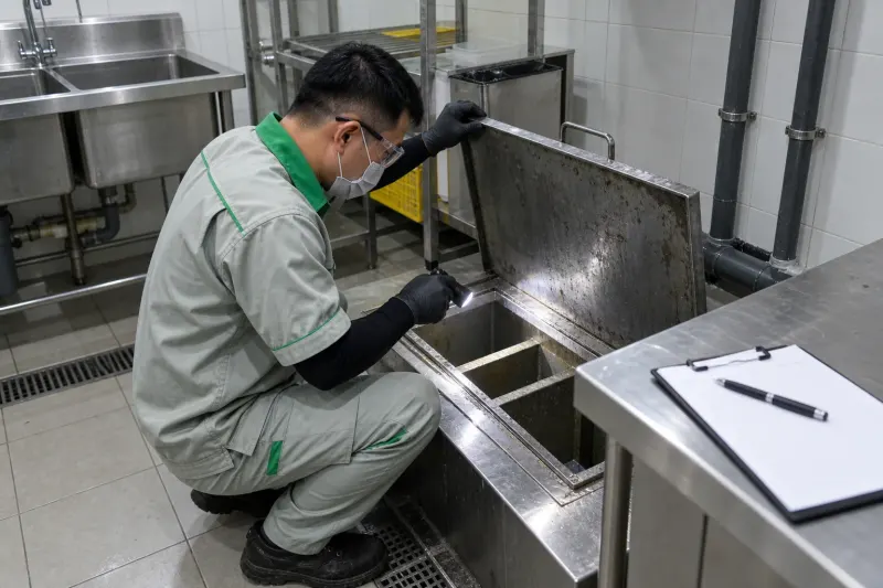 Kỹ thuật viên soi đèn kiểm tra bẫy mỡ bếp nhà hàng, có bảng ghi chép