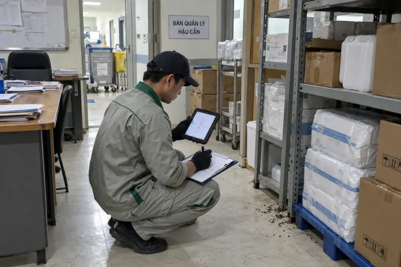 Kỹ thuật viên ghi nhận trên máy tính bảng tại bàn quản lý hậu cần bệnh viện