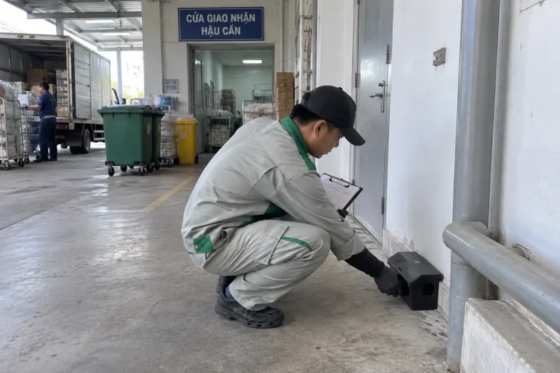 Kỹ thuật viên đặt trạm bả chuột cạnh cửa giao nhận hậu cần bệnh viện