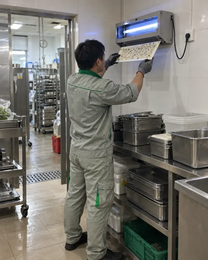 Kỹ thuật viên kiểm tra tấm keo đèn bắt ruồi ở bếp nội bộ bệnh viện
