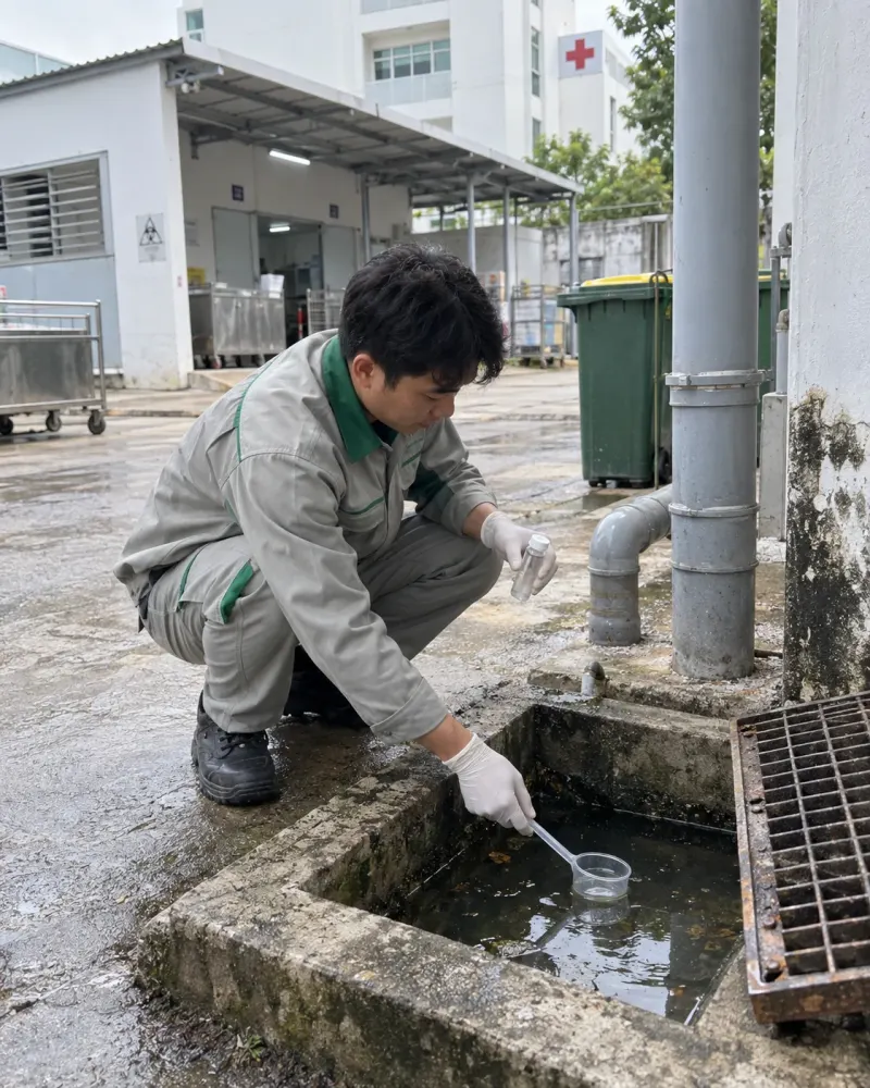 Kỹ thuật viên lấy mẫu lăng quăng ở hố thu nước sân sau bệnh viện