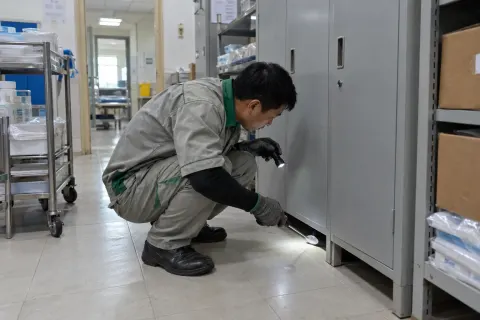 Kỹ thuật viên soi đèn pin khe tủ kho phụ trợ bệnh viện