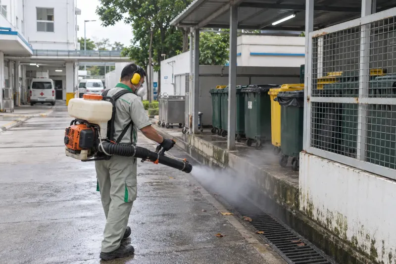 Kỹ thuật viên phun sương ngoại vi rãnh ngoài khu rác bệnh viện
