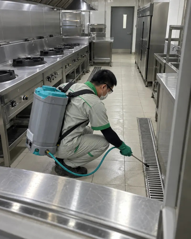 Kỹ thuật viên xử lý cống thoát sàn bếp công nghiệp cạnh bếp gas inox