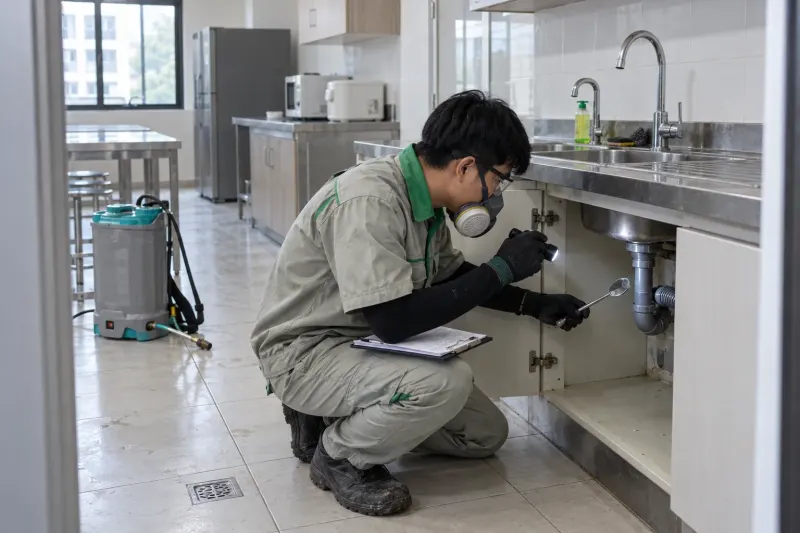 Kỹ thuật viên kiểm tra gầm bồn rửa bếp ký túc xá, tay cầm bảng ghi