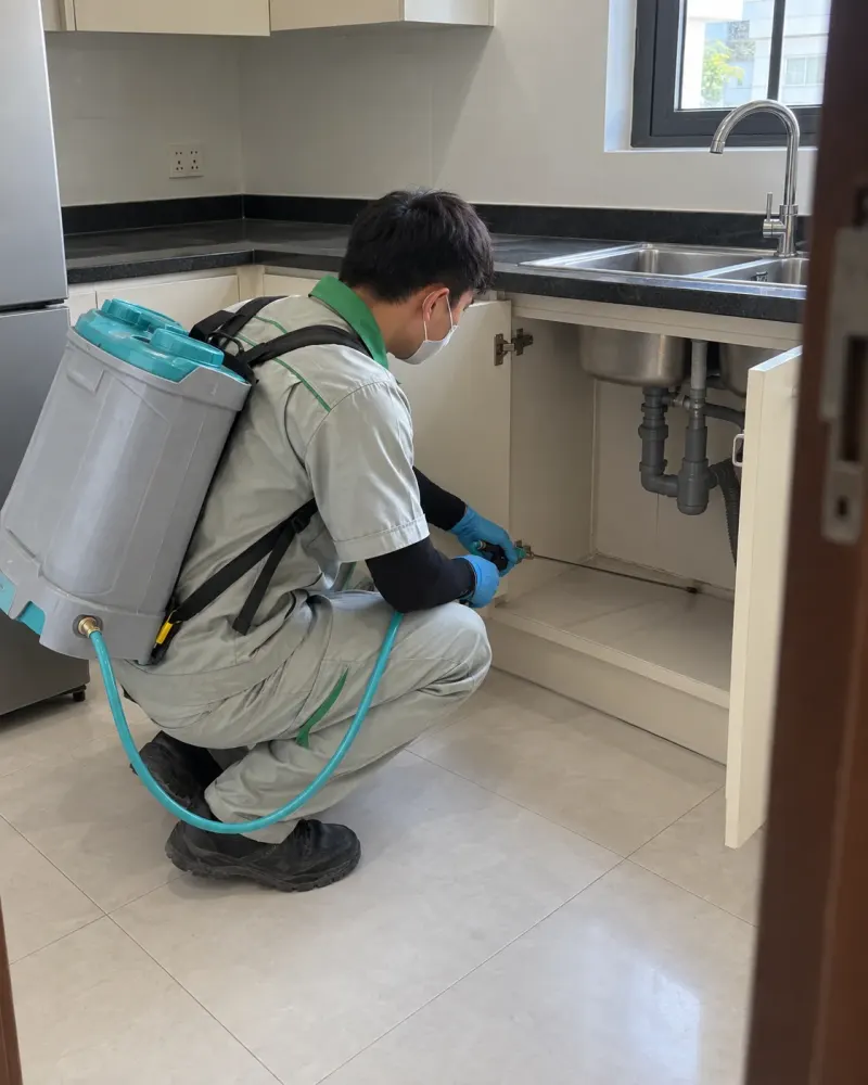 Kỹ thuật viên phun xử lý gầm bồn rửa bếp nhà ở