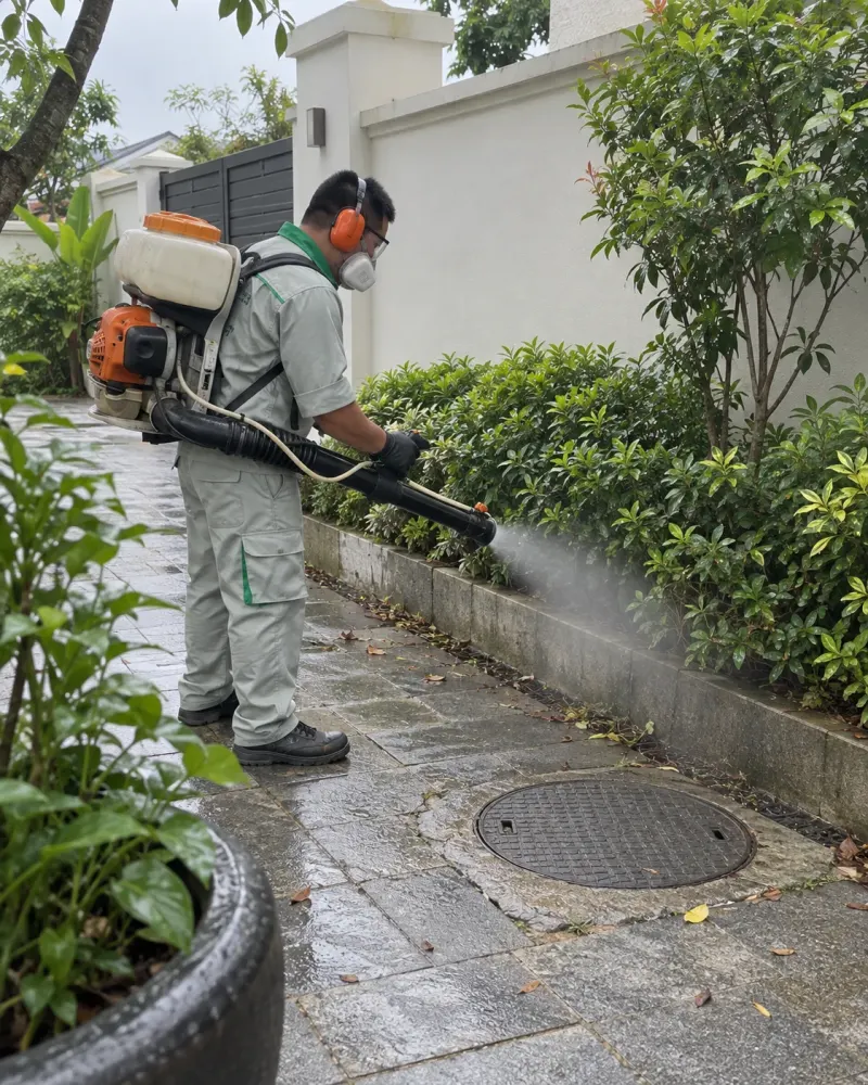 Kỹ thuật viên phun sương quanh hố ga sân biệt thự có cây xanh