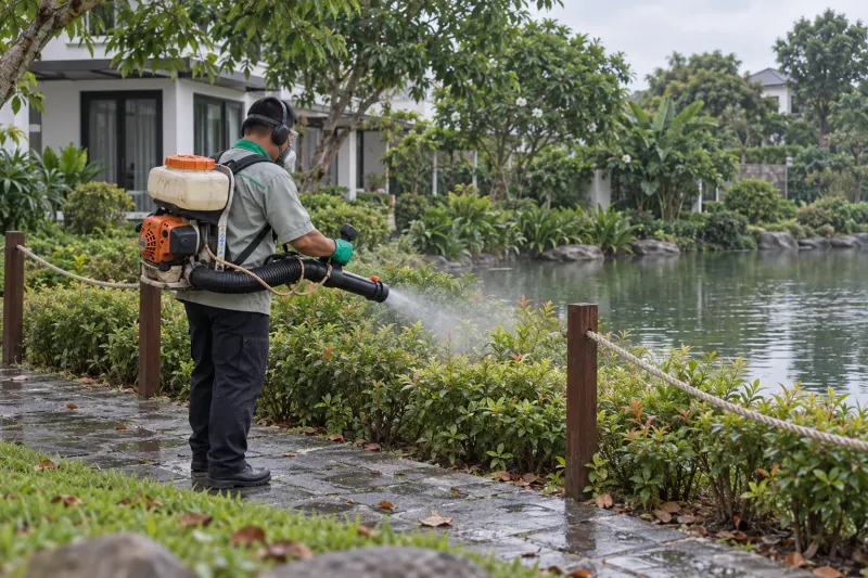 Kỹ thuật viên phun sương bờ hồ cảnh khu dân cư