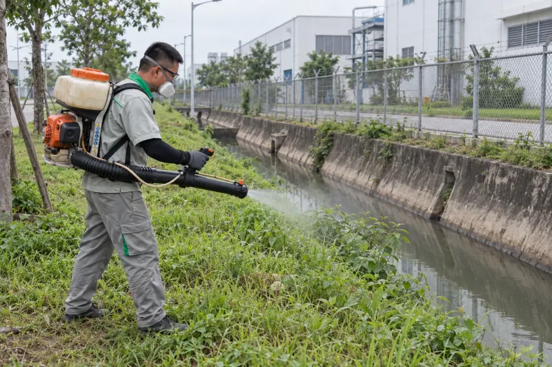 Kỹ thuật viên phun sương bờ kênh cỏ dại khu công nghiệp
