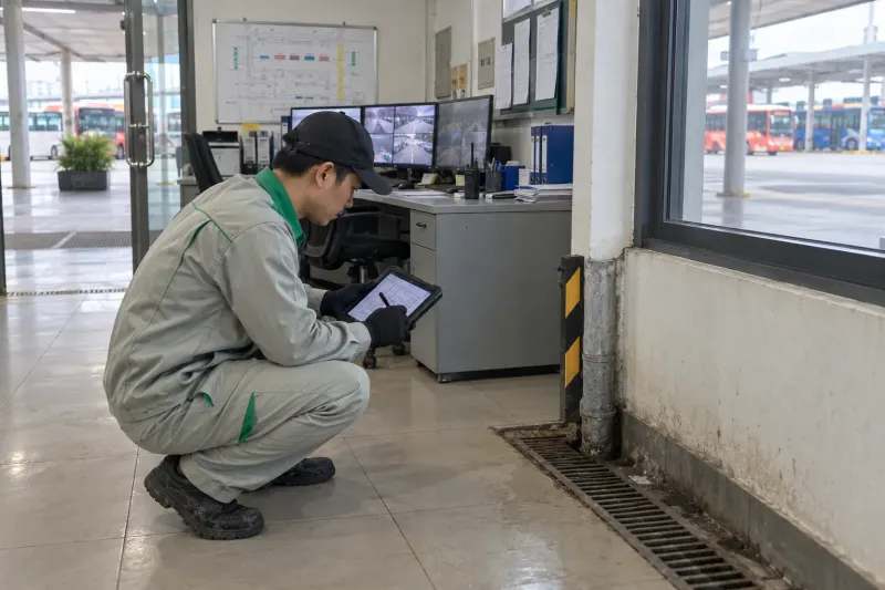 Kỹ thuật viên ghi nhận trên máy tính bảng cạnh rãnh thoát nước phòng điều hành bến xe