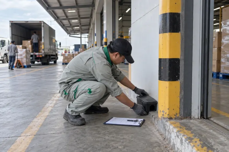 Kỹ thuật viên đặt trạm bả chuột cạnh cửa giao nhận hàng kho