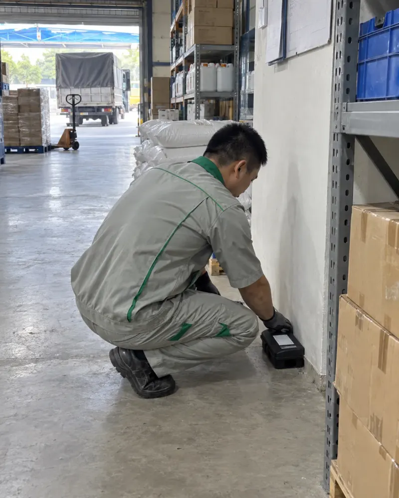 Kỹ thuật viên đặt bẫy giám sát ở góc kho vật tư cảng